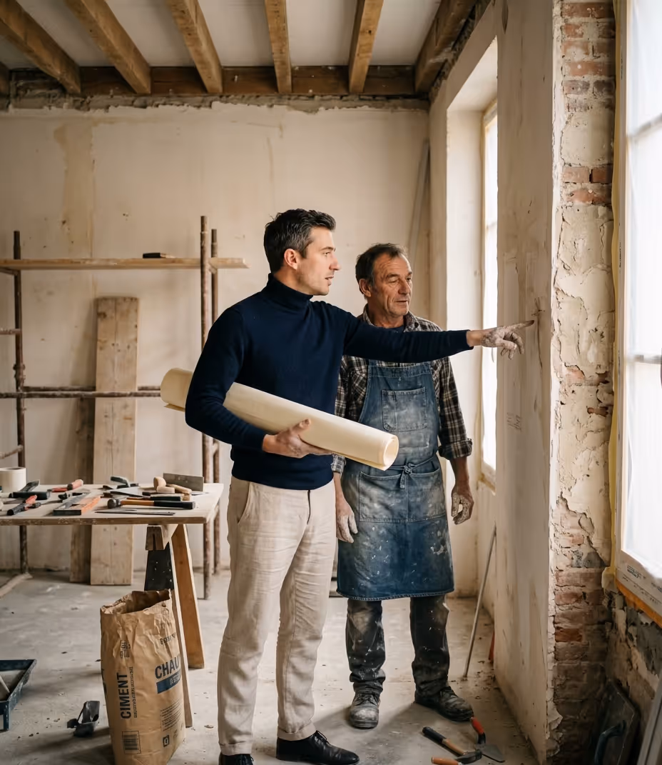 Architecte d'intérieur Archimaides en coaching travaux sur un chantier de rénovation à Toulouse, contrôle d'une menuiserie bois